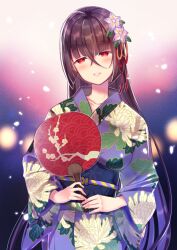 Rule 34 | 1girl, bellflower, blue sash, blush, commentary request, facing viewer, floral print, flower, hair between eyes, hair flower, hair ornament, hand fan, holding, holding fan, japanese clothes, kimono, knot, long hair, long sleeves, looking at viewer, mutsu-no-kami yoshiyuki (tenka hyakken), night, obi, obiage, obijime, okanoyuno, open mouth, paper fan, parted lips, petals, print kimono, purple flower, purple hair, red eyes, sash, seigaiha, sidelocks, smile, solo, tenka hyakken, uchiwa, very long hair, wide sleeves, yukata