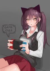 Rule 34 | 1girl, absurdres, against wall, animal ears, black vest, cat ears, collared shirt, commentary, english commentary, game over, grey background, handheld game console, highres, holding, holding handheld game console, long hair, long sleeves, miniskirt, necktie, nintendo switch, orange eyes, orange necktie, original, parted lips, pleated skirt, purple hair, red skirt, rktlek159, school uniform, shirt, simple background, sitting, skirt, slit pupils, solo, sweater vest, twintails, vest, white shirt, wide-eyed, wing collar