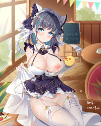 Rule 34 | 1girl, after paizuri, animal ears, apron, aqua eyes, aqua hair, areola slip, armchair, azur lane, bad id, bad pixiv id, black hair, blood, blush, breasts, cake, chair, cheshire (azur lane), cleavage, closed mouth, cum, cum on body, cum on breasts, cum on upper body, detached sleeves, dress, earrings, flag, food, fruit, garter straps, highres, indoors, jewelry, large breasts, lifting own clothes, looking at viewer, maid, maid headdress, manjuu (azur lane), miaogujun, multicolored hair, nipples, no panties, nosebleed, puffy sleeves, purple apron, ribbon, sitting, solo, strawberry, streaked hair, thighhighs, white dress, white thighhighs, window, wrist cuffs
