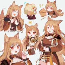 Rule 34 | 2girls, :d, :q, absurdres, animal ears, apron, arknights, artist name, bear ears, bear girl, blonde hair, boots, breasts, brown dress, brown footwear, brown hair, ceobe (arknights), chibi, cookie, dog ears, dog girl, dress, duplicate, closed eyes, fang, food, food on face, gloves, gummy (arknights), highres, holding, holding cookie, holding food, holding spoon, hungry, infection monitor (arknights), large breasts, long hair, multiple girls, multiple persona, multiple views, one eye closed, open mouth, pixel-perfect duplicate, red eyes, rippajun, skin fang, smile, spoon, staff, thigh boots, thighhighs, thighs, tongue, tongue out, white background, yellow apron, yellow gloves