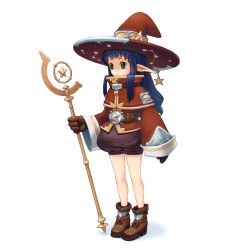 Rule 34 | 1girl, arms at sides, belt, blue hair, boots, brown footwear, brown gloves, brown shorts, full body, gloves, green eyes, hair ornament, hat, highres, holding, holding staff, long hair, long sleeves, original, pixelflag, pointy ears, shorts, sidelocks, simple background, staff, standing, white background, wide sleeves, wizard hat