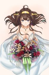 Rule 34 | 10s, 1girl, ahoge, alternate costume, bad id, bad pixiv id, bare shoulders, black eyes, bouquet, breasts, brown hair, cleavage, collarbone, covered erect nipples, cross, cross necklace, double bun, dress, female focus, flower, hair bun, hairband, headgear, highres, jewelry, kantai collection, kongou (kancolle), large breasts, long hair, looking at viewer, necklace, no bra, pink background, pinky out, see-through, simple background, skirt hold, sleeveless, sleeveless dress, smile, solo, upper body, white dress, yuanjiyousheng