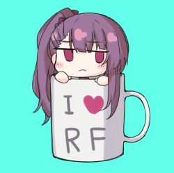 Rule 34 | 1girl, aqua background, blush stickers, brown hair, chibi, coffee mug, cup, empty eyes, frown, girls&#039; frontline, heart, i heart..., in container, in cup, jitome, long hair, mini person, minigirl, mug, nakiusagi, red eyes, side ponytail, simple background, solo, wa2000 (girls&#039; frontline)
