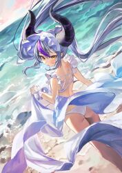 Rule 34 | 1girl, alternate costume, ass, beach, bikini, bonnet, feet out of frame, frilled bikini, frilled cuffs, frills, highres, hololive, horns, la+ darknesss, legs, long hair, looking at viewer, looking back, misekiss, multicolored hair, ocean, purple hair, sidelocks, solo, streaked hair, swimsuit, tagme, twintails, virtual youtuber, white bikini, white hair, wind, wrist cuffs, yellow eyes
