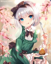 Rule 34 | 1girl, :q, absurdres, adapted costume, artist name, beige background, black bow, black bowtie, black hairband, black sash, blue eyes, blush, bob cut, bow, bowtie, branch, cherry blossoms, commentary request, cowboy shot, dress, food, food request, fork, frilled shirt collar, frilled sleeves, frills, green dress, hair bow, hairband, hand on own hip, highres, hitodama, holding, holding fork, holding plate, juliet sleeves, konpaku youmu, konpaku youmu (ghost), long sleeves, looking at viewer, marota, nail polish, pink nails, plate, puffy sleeves, sash, short hair, silver hair, smile, solo, tongue, tongue out, touhou, twitter username, wide sleeves