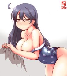 Rule 34 | 10s, 1girl, bare shoulders, black hair, blue one-piece swimsuit, blush, breasts, clothes pull, dated, highres, kanon (kurogane knights), kantai collection, large breasts, long hair, looking at viewer, one-piece swimsuit, one-piece swimsuit pull, polka dot, polka dot swimsuit, solo, swimsuit, tears, ushio (kancolle)