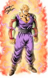 Rule 34 | 1boy, antennae, aura, cheekbones, colored skin, commentary request, dragon ball, dragon ball super, dragon ball super super hero, electricity, frown, full body, highres, male focus, muscular, muscular male, orange piccolo, orange skin, piccolo, pointy ears, red eyes, signature, solo, youngjijii