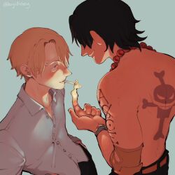 Rule 34 | 2boys, arm tattoo, back tattoo, black hair, blonde hair, blue eyes, boyidieboy, cigarette, curly eyebrows, facial hair, fire, freckles, highres, lighting cigarette, looking at another, male focus, multiple boys, one piece, pants, portgas d. ace, sanji (one piece), shirt, short hair, smile, tattoo, topless male, yaoi