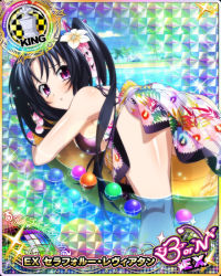 Rule 34 | 1girl, ass, bikini, black hair, blush, breasts, card (medium), character name, chess piece, day, embarrassed, flower, hair flower, hair ornament, hair ribbon, high school dxd, high school dxd born, king (chess), large breasts, long hair, looking at viewer, official art, parted lips, pink eyes, purple bikini, ribbon, sarong, serafall leviathan, solo, swimsuit, thighs, trading card, twintails, very long hair, water