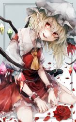 Rule 34 | 1girl, black footwear, blonde hair, blood, blood on clothes, blood on hands, blood on leg, collarbone, crystal, dress, flandre scarlet, flower, frilled dress, frills, gradient background, hair between eyes, hat, highres, mob cap, open mouth, petals, pointy ears, puffy short sleeves, puffy sleeves, red dress, red eyes, rose, rose petals, safutsuguon, short hair, short sleeves, side ponytail, sitting, smile, solo, teeth, touhou, white frills, white hat, white sleeves, wings, wrist cuffs, yellow neckwear
