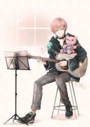 Rule 34 | 1boy, bishounen, black choker, choker, collarbone, ei aida, full body, green eyes, highres, holostars, jacket, jewelry, leaf, looking at object, male focus, mixed-language commentary, multiple hairpins, multiple rings, music stand, on stool, pants, pink hair, plaid, plaid pants, playing guitar, rikka (holostars), ring, shadow, sheet music, shoes, short hair, simple background, sitting, smile, sneakers, solo, stuffed animal, stuffed toy, teddy bear, virtual youtuber, window
