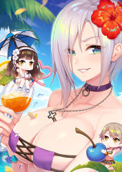 Rule 34 | 3girls, 4girls, alternate costume, between breasts, bikini, black hair, blue sky, blush, bracelet, breasts, chibi, cleavage, closed mouth, cloud, collar, collarbone, crazy straw, cross, cross necklace, cup, day, drinking straw, eyepatch bikini, eyes visible through hair, flower, girls&#039; frontline, green eyes, grey hair, hair flower, hair ornament, hair over one eye, hairband, hayate (leaf98k), heart straw, highres, holding, holding cup, jewelry, large breasts, light particles, long hair, looking at viewer, mg5 (girls&#039; frontline), multiple girls, necklace, official alternate costume, outdoors, palm leaf, parted lips, purple bikini, short hair, sky, smile, swimsuit, tropical drink, type 95 (girls&#039; frontline), type 95 (summer cicada) (girls&#039; frontline), vector (girls&#039; frontline), very long hair, water drop, white hairband, yellow eyes