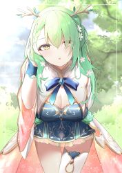 Rule 34 | 1girl, antlers, black gloves, blue dress, blue ribbon, blue sky, blush, braid, braided bangs, breasts, ceres fauna, cleavage, dress, eyes visible through hair, fingerless gloves, flower, gloves, green flower, green hair, hair flower, hair ornament, highres, hololive, hololive english, horns, kanadeho, large breasts, long hair, looking at viewer, mole, mole under eye, open mouth, partially fingerless gloves, ribbon, single braid, single thighhigh, sky, solo, thighhighs, tree, virtual youtuber, white thighhighs, yellow eyes