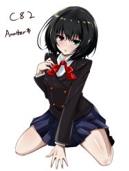 Rule 34 | 10s, 1girl, another, benibana, black hair, blush, copyright name, female focus, green eyes, heterochromia, highres, looking at viewer, misaki mei, no eyepatch, open mouth, red eyes, school uniform, short hair, simple background, sitting, skirt, solo, text focus, wariza, white background