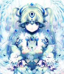 Rule 34 | 1girl, blue eyes, colored skin, female focus, ice, kaze-hime, lace, original, pointy ears, snowflakes, solo, twintails, white skin