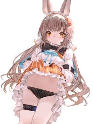 Rule 34 | 1girl, animal ears, arknights, blush, brown hair, clothes lift, highres, kochiya (gothope), lifting own clothes, long hair, long sleeves, looking at viewer, orange eyes, panties, rabbit ears, rabbit girl, skirt, skirt lift, solo, striped clothes, striped panties, striped skirt, thigh strap, underwear, vertical-striped clothes, vertical-striped panties, vertical-striped skirt, very long hair, warmy (arknights)