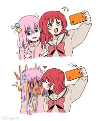 Rule 34 | 2girls, 2koma, blue eyes, blush, bocchi the rock!, bow, cellphone, closed eyes, comic, cube hair ornament, embarrassed, gotoh hitori, green eyes, hair between eyes, hair ornament, heart, holding, holding phone, jacket, kiss, kissing cheek, kita ikuyo, long hair, long sleeves, looking away, meyshi, multiple girls, o o, one side up, open mouth, outstretched arm, phone, pink hair, pink jacket, pink track suit, red bow, red hair, school uniform, selfie, silent comic, smartphone, smile, surprise kiss, surprised, taking picture, track jacket, v, yuri