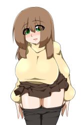 Rule 34 | 1girl, bent over, breasts, brown hair, female focus, green eyes, huge breasts, kaz (shade), long hair, makihara nodoka, original, pantyhose, simple background, skirt, solo, standing, sweater, thighs, undressing, white background