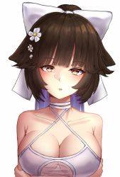 Rule 34 | 1girl, animal ears, azur lane, bare shoulders, black hair, breasts, choker, cleavage, clothing cutout, collarbone, crossed arms, dog ears, floppy ears, hair ribbon, halterneck, head tilt, highres, large breasts, looking at viewer, myung yi, one-piece swimsuit, parted lips, ponytail, ribbon, see-through, sidelocks, simple background, solo, standing, swimsuit, takao (azur lane), takao (beach rhapsody) (azur lane), underboob cutout, upper body, white background, white choker, white one-piece swimsuit, white ribbon, yellow eyes