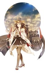 Rule 34 | 10s, 1girl, ahoge, bad id, bad pixiv id, bare shoulders, black skirt, boots, brown hair, cup, detached sleeves, double bun, frilled skirt, frills, hairband, headgear, japanese clothes, kantai collection, kongou (kancolle), lace, lace-trimmed legwear, lace trim, long hair, machinery, mio (jian wei), nontraditional miko, pleated skirt, skirt, solo, teacup, thigh boots, thighhighs, zettai ryouiki