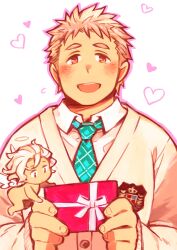 Rule 34 | 2boys, badge, blonde hair, blush, brown eyes, cardigan, cherub, commentary request, cupid (housamo), flying sweatdrops, gift, green necktie, halo, heart, holding, holding gift, kuro nezumi inu, looking at viewer, male focus, multiple boys, necktie, open mouth, outline, pink outline, plaid necktie, shirt, short hair, smile, tareme, tennouji shin&#039;ya, thick eyebrows, tokyo houkago summoners, upper body, valentine, white background, white shirt, wings, yellow cardigan
