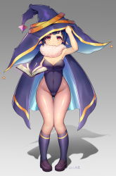 Rule 34 | 1girl, absurdres, arm up, armpits, black cape, black hair, black leotard, black socks, breasts, brown footwear, cape, cleavage, covered navel, elf, full body, gluteal fold, grey background, groin, hand on headwear, hat, highleg, highleg leotard, highres, kneehighs, legs, leotard, original, oversized object, pantyhose, pointy ears, red eyes, renroujiang, shadow, shoes, short hair, simple background, socks, solo, strapless, strapless leotard, thigh gap, thighs, witch hat