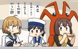 Rule 34 | 3girls, bandaid, bandaid on face, black hair, blue sailor collar, brown eyes, brown hair, commentary request, dated, dress, eating, food, hamu koutarou, hat, hiburi (kancolle), highres, ice cream, ise (kancolle), kantai collection, lobster costume, low ponytail, multiple girls, oboro (kancolle), one-hour drawing challenge, sailor collar, sailor dress, sailor hat, sandwich, school uniform, serafuku, short hair, short sleeves, table, translation request, upper body, white dress