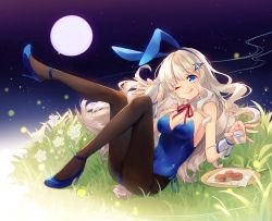 Rule 34 | 1girl, ;q, animal ears, bare shoulders, black pantyhose, blonde hair, blue eyes, breasts, cleavage, closed mouth, cup, detached collar, fake animal ears, food, full body, full moon, grass, hairband, head tilt, highres, holding, holding cup, jug (bottle), kuuki shoujo, leg up, leotard, looking at viewer, lying, medium breasts, moon, night, night sky, on back, one eye closed, pantyhose, plant, playboy bunny, rabbit ears, red ribbon, ribbon, shinia, shooting star, sky, solo, strapless, strapless leotard, the personfication of atmosphere, the personification of atmosphere, tongue, tongue out, wrist cuffs