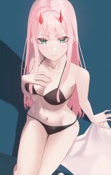 Rule 34 | 1girl, absurdres, aqua eyes, bikini, black bikini, blunt bangs, breasts, closed mouth, collarbone, commentary, darling in the franxx, highres, horns, long hair, medium breasts, michelan, navel, pink hair, red horns, sitting, smile, solo, swimsuit, thighs, zero two (darling in the franxx)