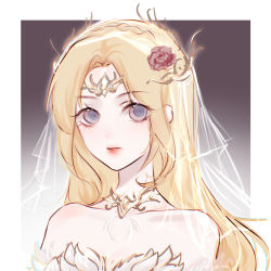 Rule 34 | 1girl, artist request, bare shoulders, blonde hair, blue eyes, closed mouth, detached collar, douluo dalu, dress, expressionless, flower, hair flower, hair ornament, highres, long hair, qian renxue (douluo dalu), second-party source, solo, upper body, veil, white dress
