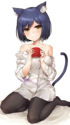 Rule 34 | 1girl, animal ears, bad id, bad pixiv id, bare shoulders, bed sheet, blue hair, blush, cat ears, cat tail, closed mouth, commentary request, cup, hands up, highres, holding, looking at viewer, mug, nijisanji, no shoes, off shoulder, pantyhose, shirt, shizuka rin, short hair, simple background, sitting, smile, solo, tail, tanyatonya, virtual youtuber, white background, white shirt, yellow eyes