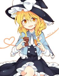 Rule 34 | 1girl, :d, black dress, blush, bow, braid, capelet, cowboy shot, dated, dress, frilled dress, frills, hair between eyes, hair bow, hat, hat bow, kirisame marisa, long hair, long sleeves, looking at viewer, one-hour drawing challenge, open mouth, orange eyes, orange hair, side braid, smile, solo, tama (soon32281), touhou, white bow, witch hat