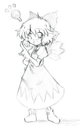 Rule 34 | 1girl, cirno, female focus, golden pe done, greyscale, light bulb, monochrome, sketch, solo, touhou