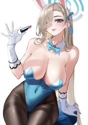 Rule 34 | 1girl, absurdres, animal ears, aqua leotard, asuna (blue archive), asuna (bunny) (blue archive), bare shoulders, blonde hair, blue archive, blue bow, blue bowtie, blue eyes, blue leotard, blush, bow, bowtie, breasts, cleavage, collarbone, cosmetics, detached collar, fake animal ears, gloves, hair over one eye, halo, highleg, highleg leotard, highres, holding, holding lipstick tube, large breasts, leotard, lips, lipstick tube, long hair, looking at viewer, mole, mole on breast, official alternate costume, pantyhose, parted lips, playboy bunny, rabbit ears, simple background, smile, solo, stone (ksorede), strapless, strapless leotard, thighband pantyhose, traditional bowtie, white background, white gloves