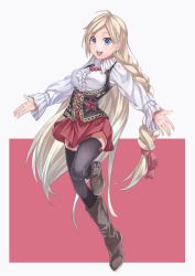 Rule 34 | 1girl, black thighhighs, blonde hair, blue eyes, blush, boots, braid, breasts, long hair, long sleeves, open mouth, original, ray-akila, simple background, skirt, smile, solo, thighhighs, very long hair, zettai ryouiki