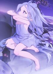 Rule 34 | 1girl, bare shoulders, barefoot, blue archive, commentary, demon horns, demon wings, dress, flat chest, full body, hair ornament, hairclip, halo, highres, hina (blue archive), horns, lantern, long hair, low wings, nemo (leafnight), purple eyes, sitting, sketch, sleeveless, sleeveless dress, solo, symbol-only commentary, very long hair, white hair, wings