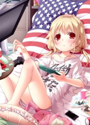 Rule 34 | &gt;:&lt;, 10s, 1girl, :&lt;, :t, american flag, barefoot, bed, blonde hair, blush, candy, closed mouth, clothes writing, controller, digital media player, flag print, food, food on face, futaba anzu, game controller, handheld game console, highres, holding, idolmaster, idolmaster cinderella girls, kago no tori, long hair, looking at viewer, lying, on back, panties, pantyshot, pillow, playstation portable, pocky, red eyes, shirt, solo, stuffed animal, stuffed rabbit, stuffed toy, sweets, t-shirt, twintails, underwear, upskirt, v-shaped eyebrows