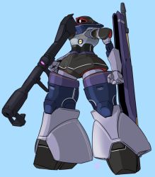 Rule 34 | bad id, bad twitter id, bazooka (gundam), blue background, clenched hand, dom (mobile suit), gun, gundam, holding, holding gun, holding weapon, looking ahead, mecha, mobile suit gundam, moi moi7, one-eyed, redesign, robot, solo, weapon, zeon