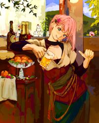 Rule 34 | 1girl, absurdres, alcohol, aqua eyes, bchan1582, beer, beer mug, bottle, breasts, cleavage, clothing request, commentary, cup, day, english commentary, flower, food, fruit, glass plate, grapes, green skirt, grin, hair flower, hair ornament, head tilt, highres, holding, holding cup, long sleeves, looking at viewer, mandarin orange, mountainous horizon, mug, original, outdoors, pink flower, pink hair, plant, plate, rose, short hair, skirt, small breasts, smile, solo, standing, thumbs up