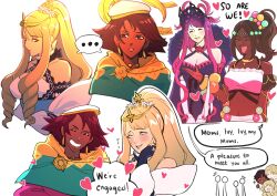 Rule 34 | ..., 2boys, 5girls, absurdres, alfred (fire emblem), bare shoulders, blonde hair, blush, breasts, brown hair, celine (fire emblem), cleavage, closed eyes, crop top, dark-skinned female, dark-skinned male, dark skin, dress, earrings, elbow gloves, eve (fire emblem engage), eyelashes, fascinator, fire emblem, fire emblem engage, flower, fogado (fire emblem), gloves, hair flower, hair ornament, hat, heart, highres, ivy (fire emblem), jewelry, long hair, mature female, medium breasts, midriff, mother and daughter, multiple boys, multiple girls, multiple views, navel, nintendo, open mouth, ponytail, purple hair, seforia (fire emblem), short hair, shynrinn, smile, speech bubble, thumbs up, timerra (fire emblem), very long hair, white background, white eyes, white gloves, white headwear, yuri