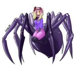 Rule 34 | 1girl, absurdres, arachne, arthropod girl, blonde hair, blue jacket, blush, breasts, closed mouth, commentary, commission, extra eyes, fang, full body, gradient hair, hair ribbon, hand on own chest, hhhori, highres, insect girl, jacket, long hair, looking at viewer, medium breasts, monster girl, multicolored hair, neck ribbon, original, pink hair, pink shorts, red eyes, red ribbon, ribbon, shorts, signature, simple background, solo, spider girl, taur, white background