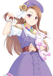 Rule 34 | 1girl, bare shoulders, beret, brown hair, center frills, closed mouth, clothing cutout, commentary request, dress, forehead, frills, full body, hand up, hat, hugging object, idolmaster, idolmaster (classic), idolmaster 2, looking at viewer, minase iori, miri (ago550421), puffy short sleeves, puffy sleeves, purple dress, purple hat, red eyes, shirt, short sleeves, shoulder cutout, simple background, smile, solo, stuffed animal, stuffed rabbit, stuffed toy, white background, white shirt, wrist cuffs