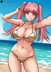 Rule 34 | 1girl, alternate costume, beach, bikini, blunt bangs, breasts, cleavage, commentary, female focus, fire emblem, fire emblem: three houses, gluteal fold, gold bikini, hayato stuff, highres, hilda valentine goneril, large breasts, looking at viewer, matching hair/eyes, midriff, navel, nintendo, ocean, outdoors, pink eyes, pink hair, smile, solo, swimsuit, twintails, underboob, v