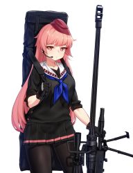 Rule 34 | 1girl, anti-materiel rifle, bad id, bad pixiv id, bipod, black gloves, black pantyhose, black skirt, closed mouth, cowboy shot, denel land systems, garrison cap, girls&#039; frontline, gloves, gun, hand up, hat, headset, highres, long hair, looking at viewer, miniskirt, narynn, ntw-20, ntw-20 (girls&#039; frontline), pantyhose, pink eyes, pink hair, rifle, school uniform, scope, serafuku, simple background, skirt, sleeves rolled up, sniper rifle, solo, swept bangs, thighs, very long hair, weapon, weapon bag, white background