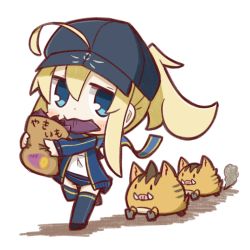 Rule 34 | 1girl, ahoge, artoria pendragon (fate), bag, baseball cap, blonde hair, blue eyes, boar, chibi, fate/grand order, fate (series), food, food in mouth, full body, hat, highres, jacket, mysterious heroine x (fate), nuu (nu-nyu), paper bag, ponytail, simple background, sweet potato, thighhighs, track jacket, translated, walking, white background