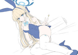 Rule 34 | 1girl, alternate hairstyle, animal ears, blonde hair, blue archive, blue eyes, blue hair, blue ribbon, detached collar, earpiece, fake animal ears, fake tail, full body, halo, highleg, highleg leotard, leotard, long hair, masabodo, multicolored hair, official alternate costume, playboy bunny, rabbit ears, rabbit tail, ribbon, skindentation, solo, strapless, strapless leotard, streaked hair, tail, thighhighs, toki (blue archive), toki (bunny) (blue archive), v, white background, white thighhighs, wrist cuffs