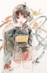 Rule 34 | 1girl, adapted costume, ahoge, asymmetrical wings, black hair, black kimono, blue wings, commentary, cowboy shot, cropped legs, flower, hand up, highres, houjuu nue, japanese clothes, kimono, long sleeves, looking at viewer, painting (medium), red eyes, red wings, ryokotyu, short hair, solo, touhou, traditional media, watercolor (medium), white background, wide sleeves, wings