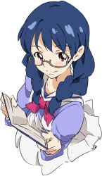 Rule 34 | 1girl, bespectacled, blouse, blue hair, book, bow, braid, brown eyes, from above, front braid, glasses, go! princess precure, hair over shoulder, holding, holding book, looking up, multiple braids, nanase yui, open book, precure, purple shirt, school uniform, semi-rimless eyewear, serafuku, shirt, simple background, skirt, smile, solo, twin braids, umanosuke, under-rim eyewear, white background, white skirt