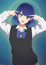 Rule 34 | 1girl, absurdres, black sweater vest, blue bow, blue bowtie, blue hair, bow, bowtie, collared shirt, commentary request, double v, green eyes, highres, hoshino ai&#039;s pose, kurokawa akane, long sleeves, looking at viewer, medium hair, mismatched pupils, open mouth, oshi no ko, pose imitation, ryochan96154, shirt, smile, solo, star-shaped pupils, star (symbol), sweater vest, swept bangs, symbol-shaped pupils, upper body, v, white shirt