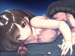 Rule 34 | 1boy, 1girl, 3:, absurdres, bare shoulders, breast press, breasts, brown eyes, brown hair, closed mouth, collarbone, eyes visible through hair, fingernails, hair ornament, hair over shoulder, hair scrunchie, highres, long fingernails, long hair, looking at viewer, lying, lying on person, medium breasts, non-web source, on side, original, pajamas, pokachu, polka dot, polka dot pajamas, pov, scrunchie, sidelocks